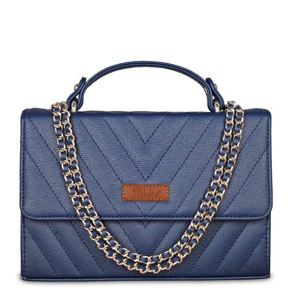 Vegan Leather Quilted Blue Colour Crossbody Bag – Women’s Top Handle Hand Bag - Picture 1 of 10